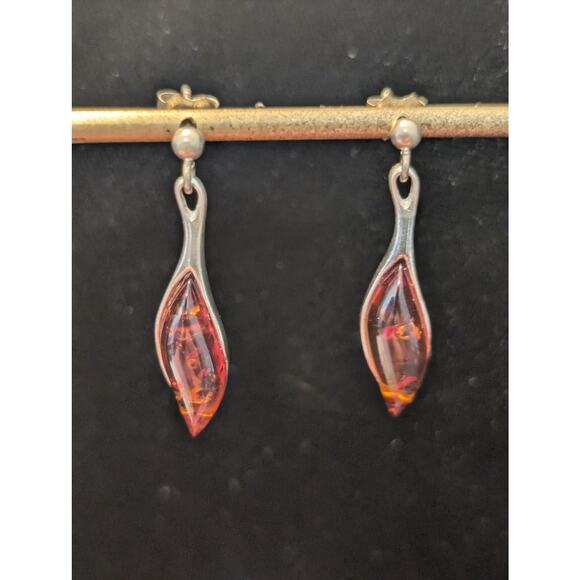Vintage Marked 925 Sterling Silver Baltic Amber Post Dangle Earrings - Picture 8 of 8